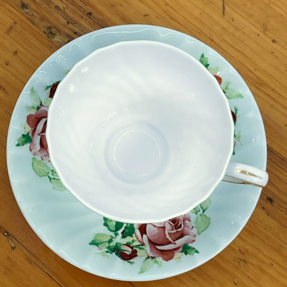Vintage Queen Anne Tea Cup & Saucer Set Pastel Green w Pink Roses Numbered - Picture 6 of 12